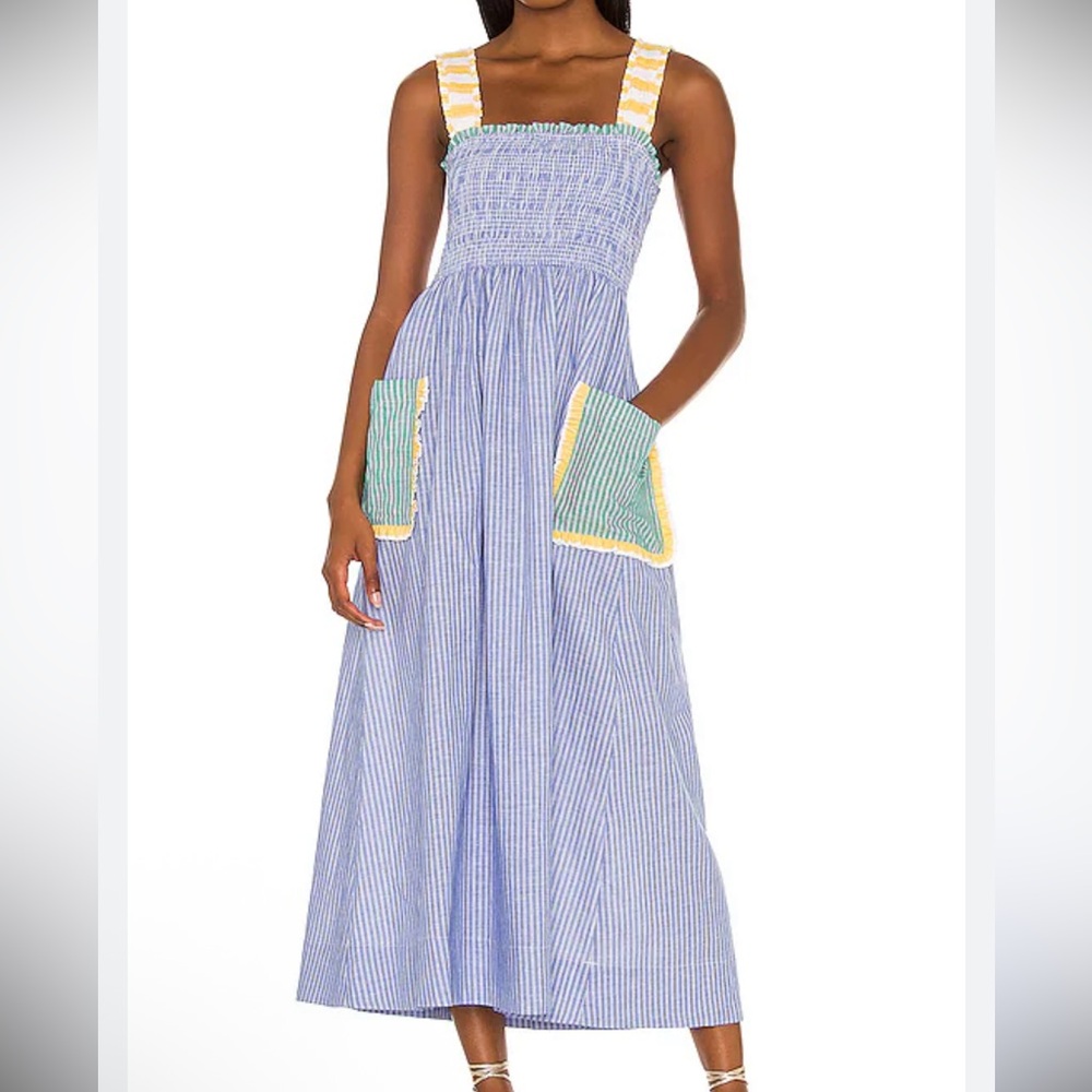 RHODE Ollie Blue and Green Striped Smocked Midi Dress with Yellow Trim